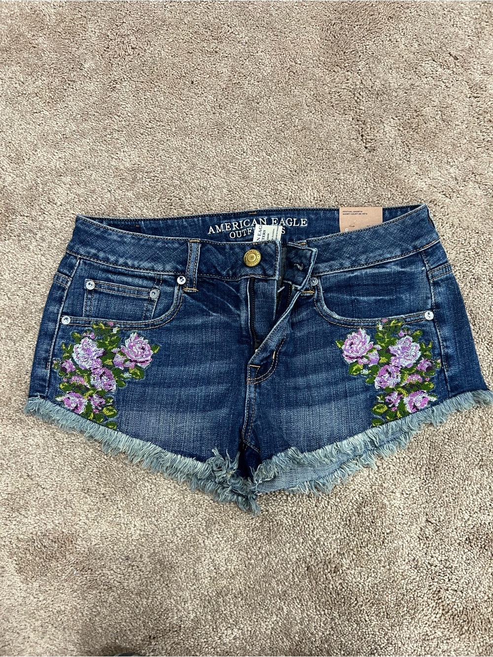NWT American Eagle festival shortie Denim Floral Embroidered Cutoff Shorts sz 6